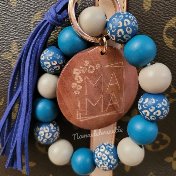 Wooden Beaded Mama Keychain Bag Charm With Blue Tassel - Picture 10 of 12